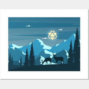 Night Mountain Hike Polyhedral D20 Dice Moon with Deers RPG Landscape Posters and Art